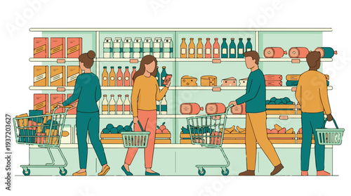 Customers shopping for groceries and food items in a busy supermarket aisle