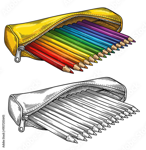 Split illustration of a yellow pouch with rainbow colored pencils above and a silver pouch with metallic pencils below, highlighting education