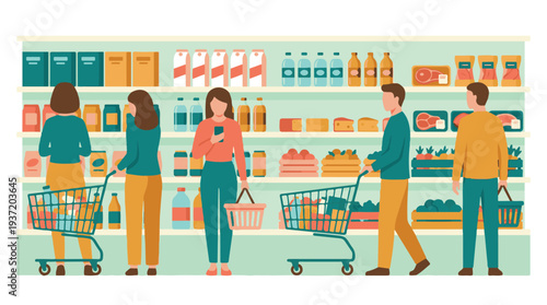 People shopping for groceries in a supermarket with various products on shelves