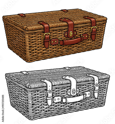 Close-up view of colorful and monochrome wicker picnic baskets with red leather latches and handles on a tabletop illustration