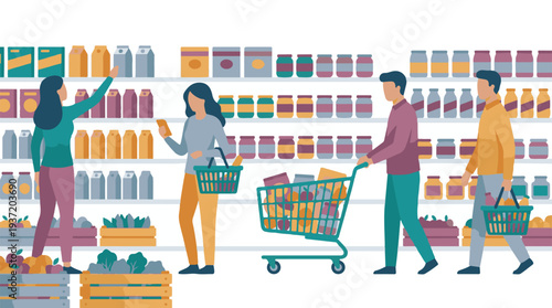People shopping for groceries in a supermarket aisle, flat vector illustration