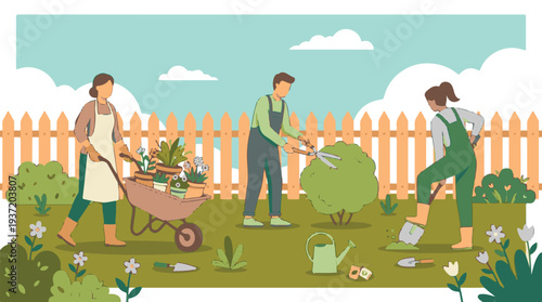 People gardening together in a lush outdoor setting with various plants and tools