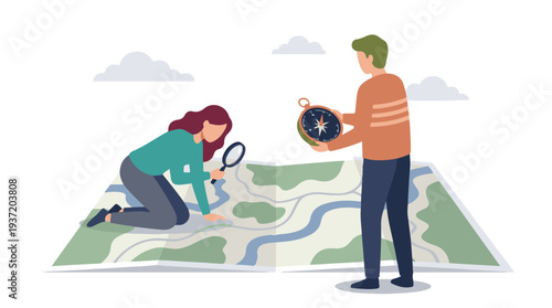 Couple exploring a map with magnifying glass and compass, navigation concept