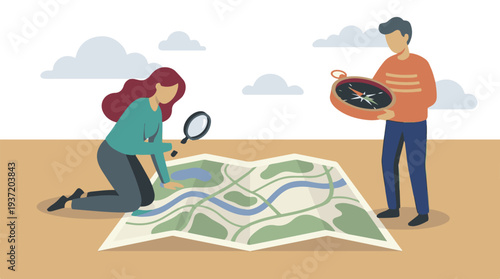 People planning journey with map, compass, and magnifying glass