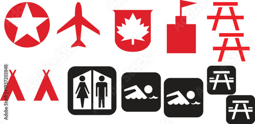 Collection of travel and recreational icons and symbols