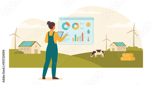 Farmer monitoring smart agriculture data and renewable energy on a sustainable farm