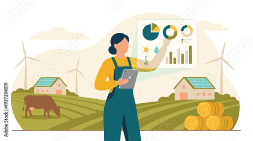 Farmer using smart farming technology with renewable energy and livestock
