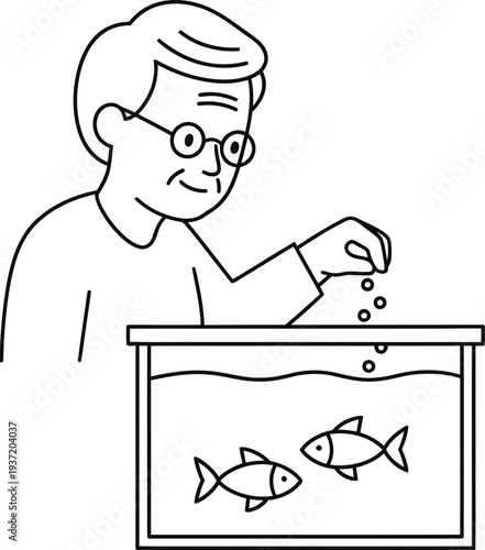 Older man in glasses feeding fish in an aquarium, hobby or pet care concept, outline drawing vector illustration