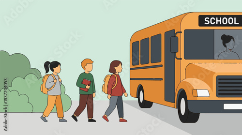 School children walking towards a yellow school bus with backpacks