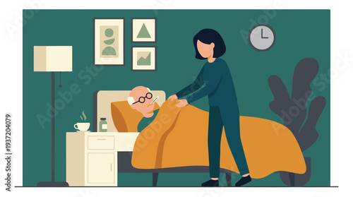 Caregiver checking on elderly man with a thermometer in bed at home