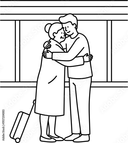 Man hugging crying woman with luggage at an airport or station. Farewell and separation concept. Outline vector illustration
