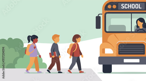 Schoolchildren boarding a yellow school bus with a female driver