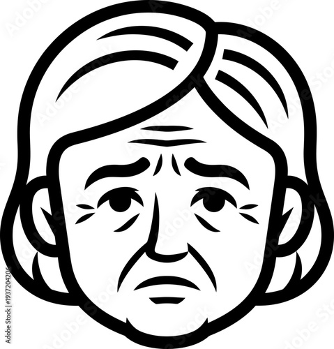 Elderly woman sad face icon as human emotion or aging concept. Outline flat vector illustration