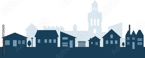 Old town silhouette landscape with houses and church building vector illustration set on dark ground with trees and fence for historical village city skyline scene design