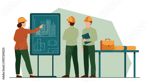 Architects and engineers team reviewing building construction plans on a blueprint.