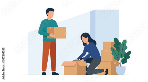 Couple packing and sorting cardboard boxes for relocation to new home