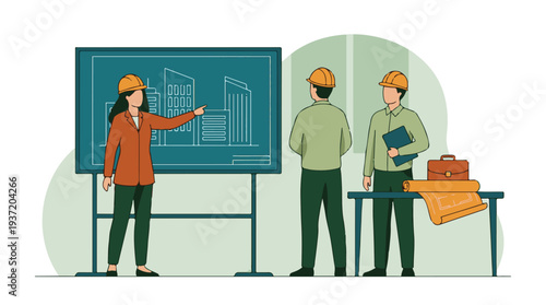 Architects discussing building plans and blueprints with hard hats