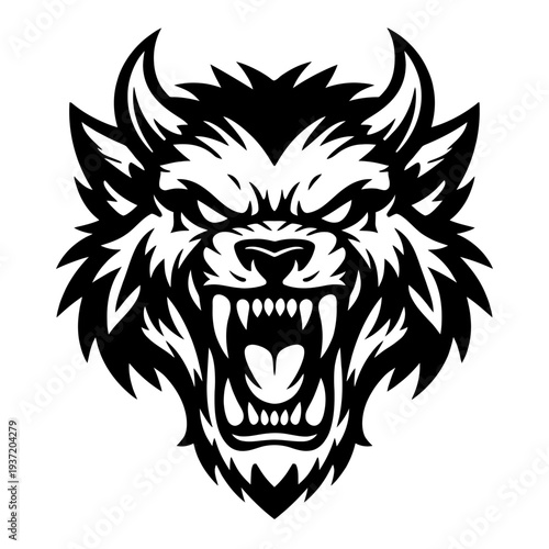 black and white illustration of a snarling wolf or dog head with sharp teeth and horns on a white background