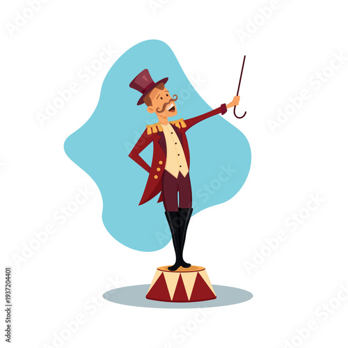 Cartoon circus ringmaster standing on a pedestal with cane. Vintage carnival showman character in retro circus style.