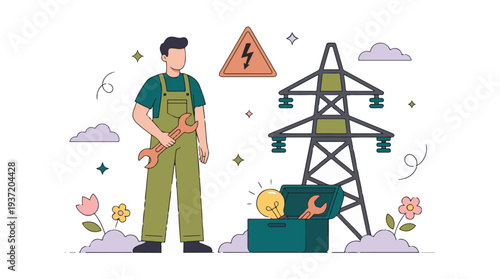 Electricity maintenance illustration with technician and warning sign