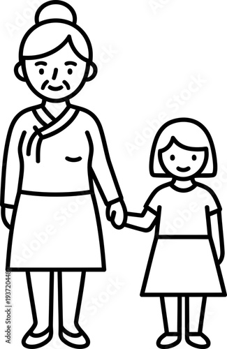 Old woman with child holding hand together. Grandmother and granddaughter family bond. Line art icon