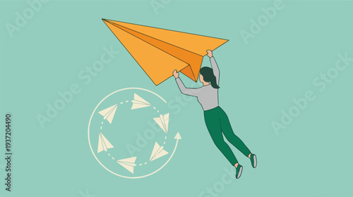 Woman flying with large paper airplane, representing new ideas and innovation