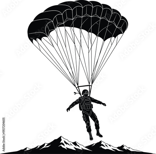 Parachutist silhouette illustration, skydiving over mountains, adventure extreme sport, parachute descent, rugged landscape, controlled fall, outdoor exploration, dramatic scene, aerial motion