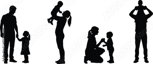 Parent child silhouettes bonding, family love, adult with children, parenting moments, father mother kids, childhood care, vector illustration, graphic design art