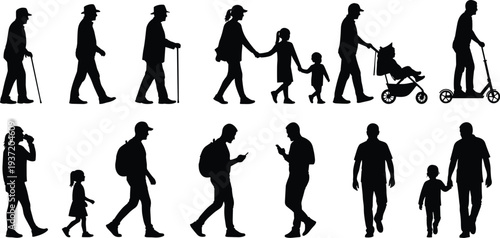 People silhouette collection, walking figures vector, standing human poses, family interaction artwork, urban lifestyle icon set, everyday activity illustration