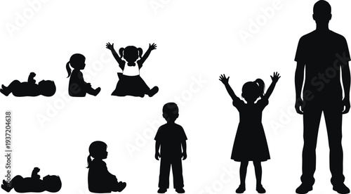 Silhouette illustration of human growth stages, infant to adult, development progression, childhood learning, education concept, minimalist vector art design