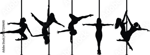 Pole dance silhouettes, fitness art, athletic woman poses, strength flexibility, performance sport, vector illustration, dance movement, graphic design figure