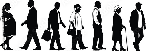 Silhouette illustration of human life stages, aging progression, people development, family concept, generational change, minimalist vector art design, education theme