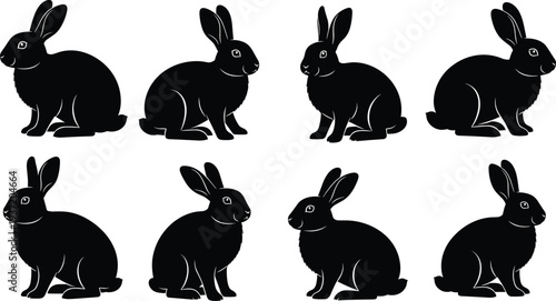 Silhouette rabbits collection, black bunny icons, sitting rabbit shapes, animal vector illustration, wildlife graphic design, Easter decoration, pet artwork