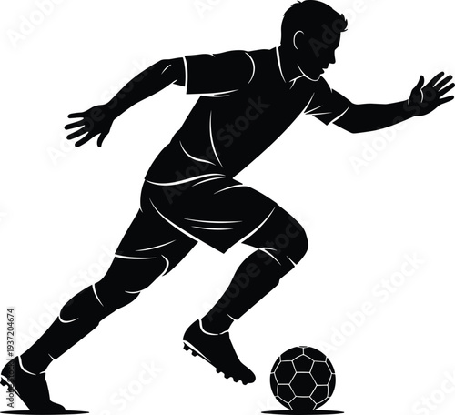 Silhouette soccer player running with ball, dynamic sports action, athlete sprinting, football motion graphic, competitive game illustration, vector design art