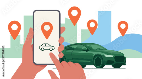 Hand using mobile app for car sharing, rental or ride-hailing with location pins