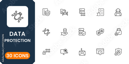 Cyber security and data protection icon collection featuring shield lock, privacy security, encryption technology and safe network protection symbols