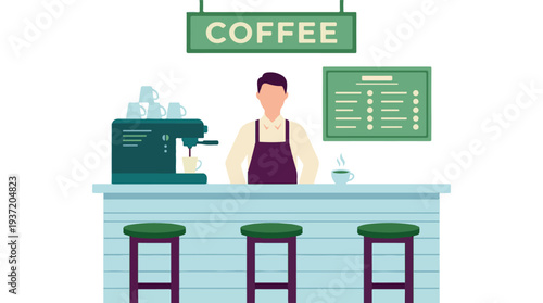 Male barista serving coffee at a modern cafe counter with espresso machine and menu