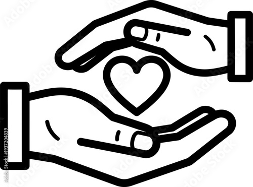 Hands holding a heart symbol in line art style. Support, care, donation, and charity concept. Vector icon for website, app, or social media