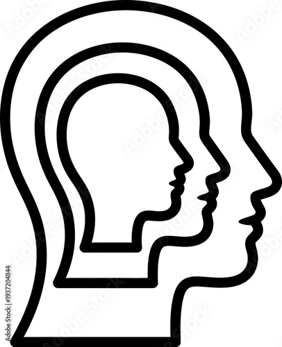 Human head silhouettes nested within each other. Concept of psychology, consciousness, thought, growth or multiple perspectives. Vector icon, symbol