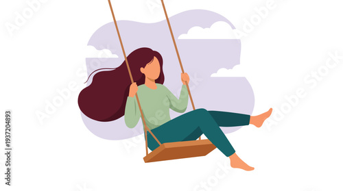 Joyful Woman Swinging Freely in the Sky - Flat Vector Illustration