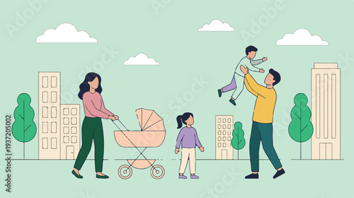 Happy family with children walking in city park, flat vector illustration