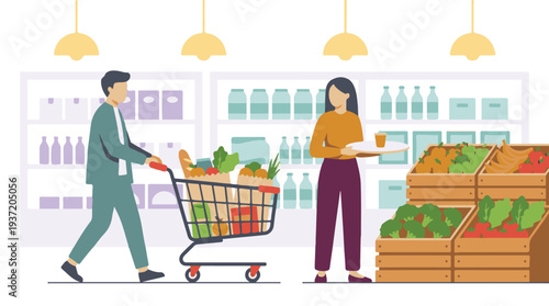 People shopping for groceries in a supermarket with fresh produce