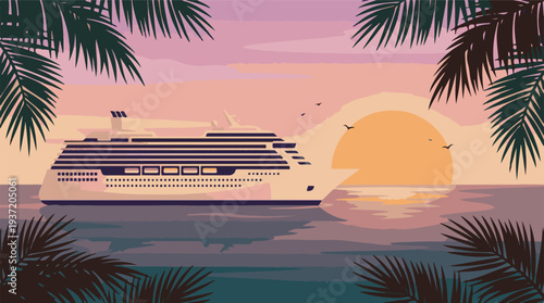 Sunset cruise ship on tropical ocean, palm trees and vacation illustration