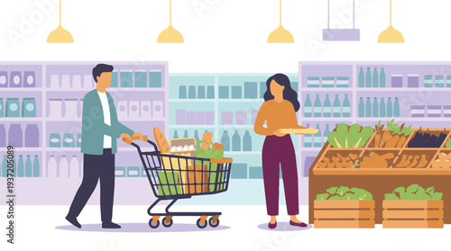 People shopping in a grocery store, buying fresh food and daily essentials