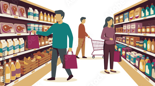 People shopping for groceries in a supermarket aisle, illustration