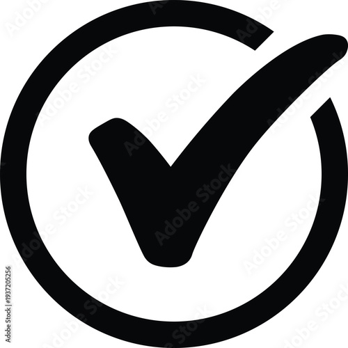 Circular Black Check Mark Icon for Success and Approval Concept, modern mobile app interfaces, business checklists, quality assurance branding, and website navigation.