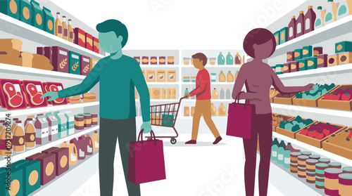 People shopping for groceries in a modern supermarket aisle