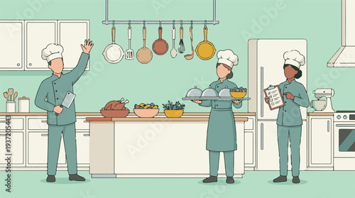 Professional chefs preparing and serving food in a modern kitchen