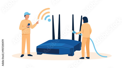 People setting up internet network with wireless router and devices