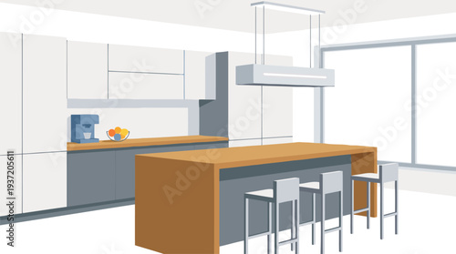 Sunlit morning shows a kitchen island with gray counter, cabinet, wood accents, window light, sink and rangehood with stool, viewed from a wide angle